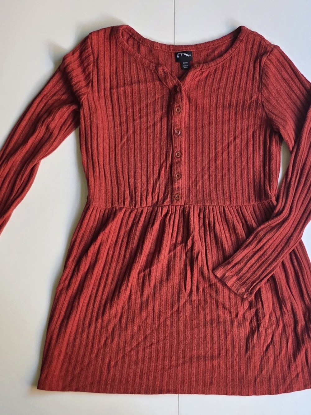 Art Class Ribbed Long Sleeve Button-Front Dress in Brick Red/rust Color